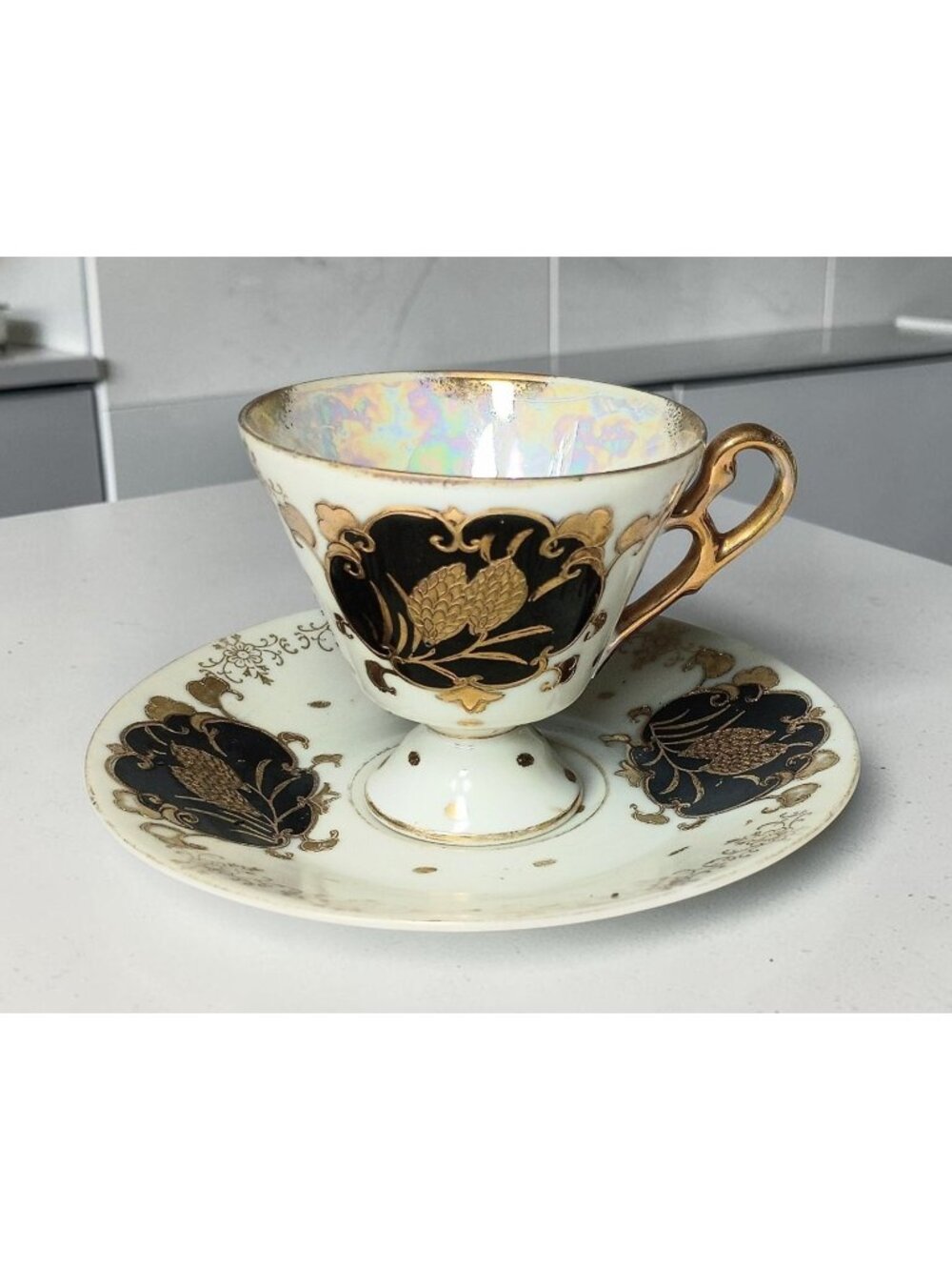 Nippon Yoko Boeki Japan Lusterware Teacup Saucer Vintage Fine Bone China Floral